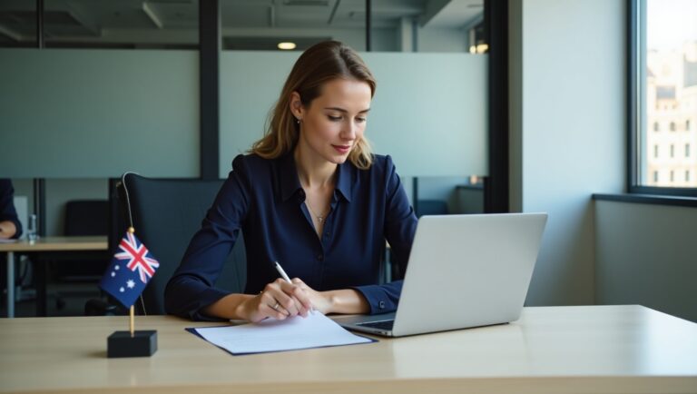 Businesswoman in Australia engaged with her laptop, surrounded by an organized office space.