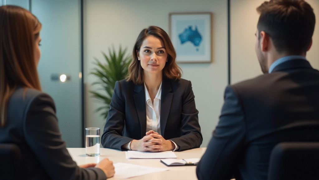 A woman in a business suit seated at a table with two men, engaged in an interview.