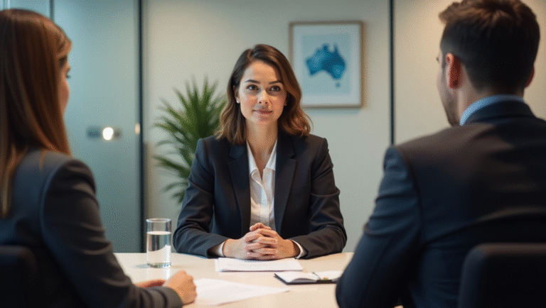 A woman in a business suit seated at a table with two men, engaged in an interview.