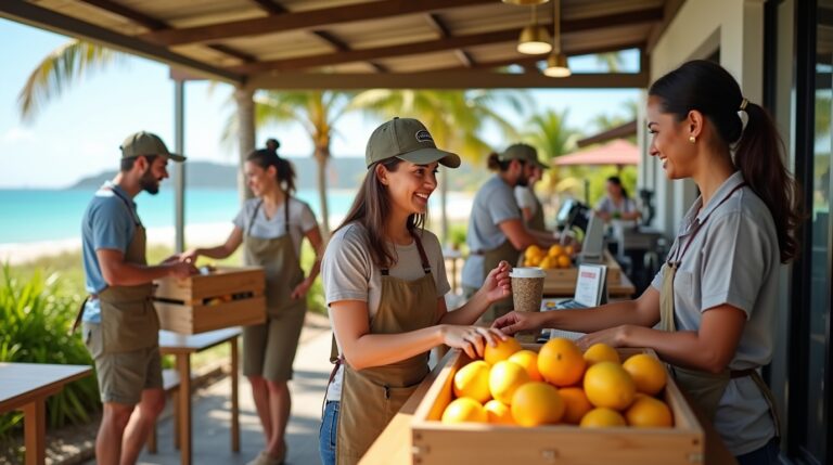 A group of people gathered around a table filled with oranges, discussing job opportunities in Mackay, Australia.