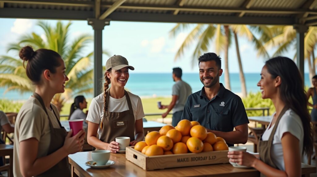  Several individuals stand around a table with mangoes, engaged in conversation about employment in Mackay, Australia.
