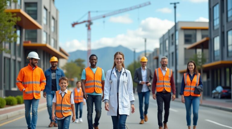 A group of people in safety vests walking down the street, promoting job opportunities in Penrith, NSW, Australia.