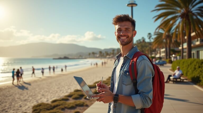 A man with a backpack and laptop stands on a beach, enjoying the sunny weather on the Sunshine Coast, Australia.