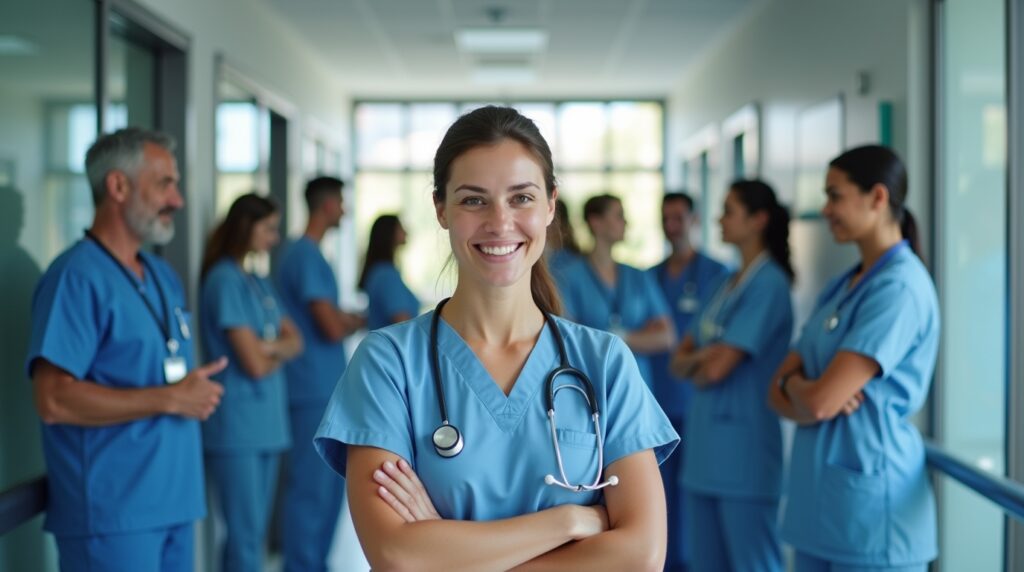 A woman in scrubs stands in a hallway with fellow nurses, representing NSW Health Jobs.