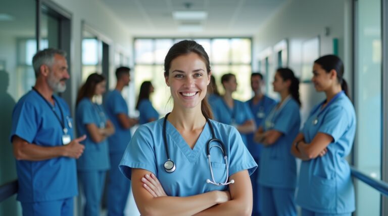 A woman in scrubs stands in a hallway with fellow nurses, representing NSW Health Jobs.