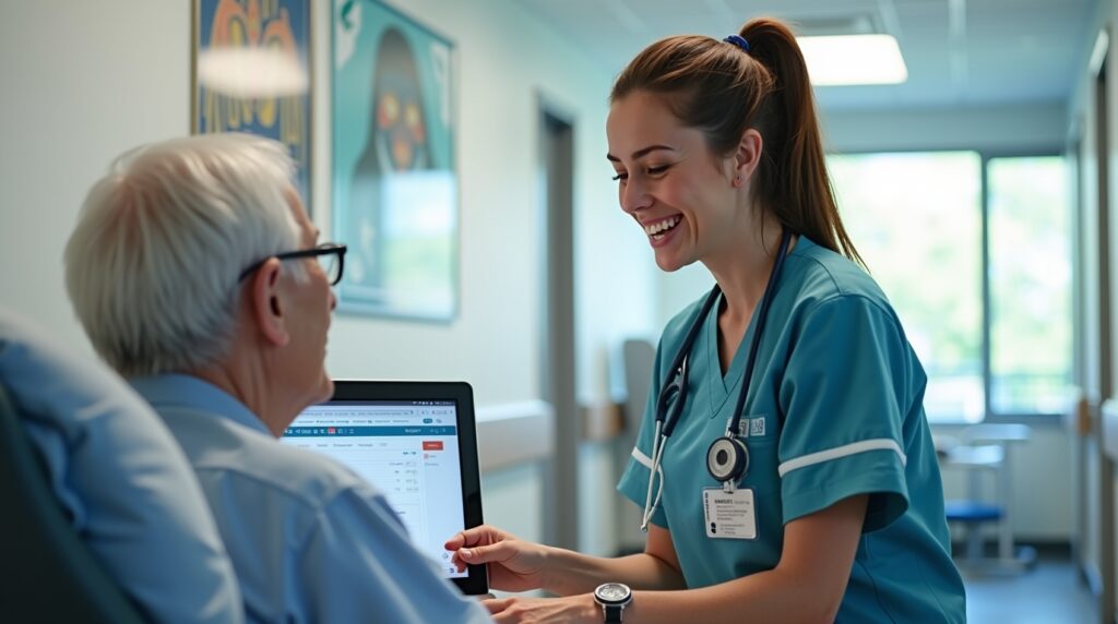A nurse converses with an elderly man in a hospital setting, highlighting compassionate care in Perth, Australia.
