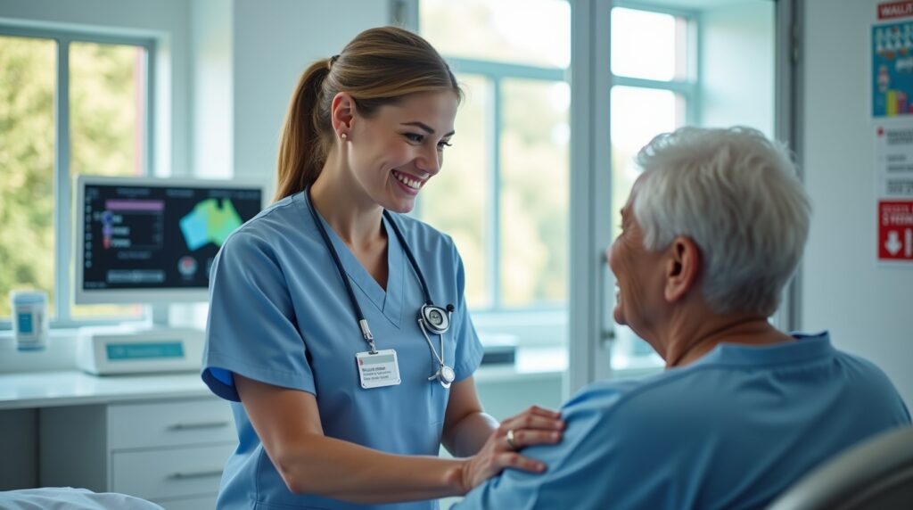 A nurse engages in conversation with an elderly patient in a hospital, reflecting nursing care in Perth, Australia.