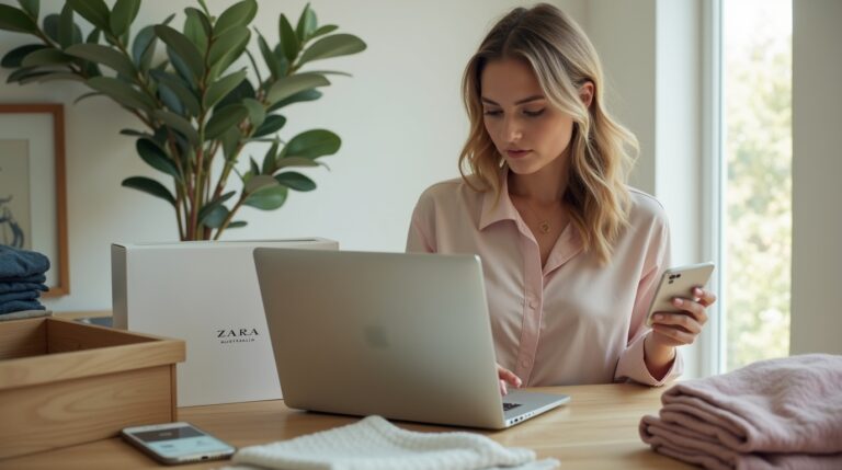 A woman at a desk uses a laptop and phone, showcasing a professional setting for Zara Australia.