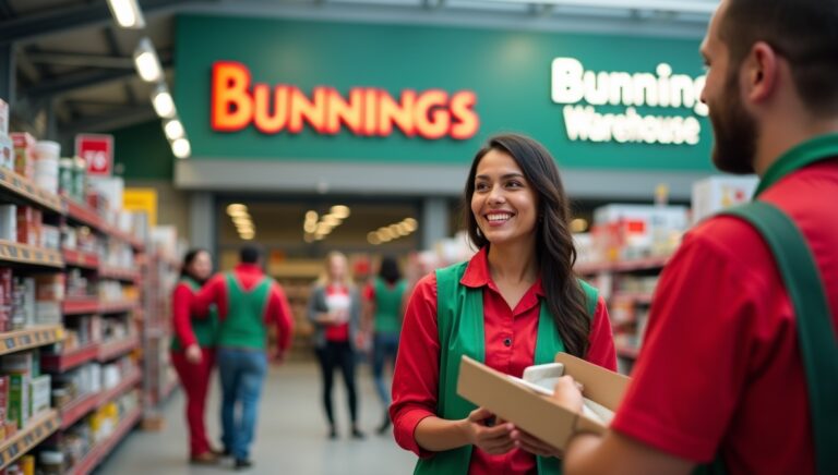 Bunnings jobs in Australia – diverse retail employees working at a hardware warehouse, assisting customers and showcasing teamwork