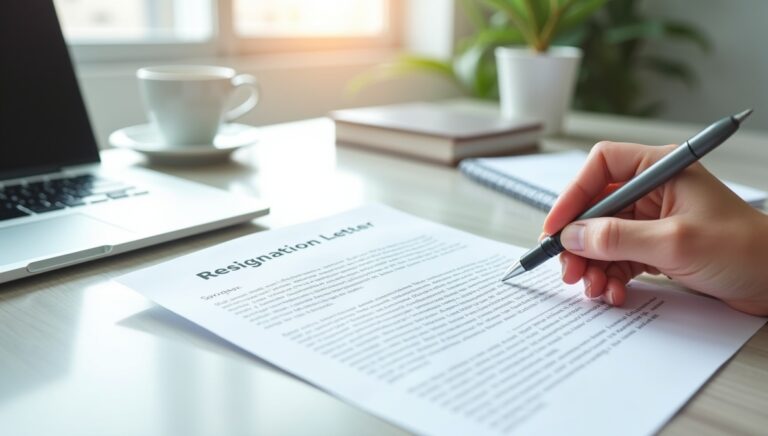 Resignation Letter Template Australia – formal resignation letter placed on an office desk with laptop and pen, symbolising a professional career transition.
