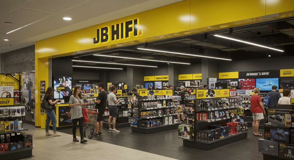 Inside a JB Hi-Fi store in Australia with staff helping customers, showcasing electronics, gaming, and music products