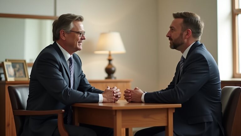 wo men in a respectful church office setting engaged in a personal priesthood interview, symbolizing guidance, accountability, and stewardship in the LDS Church.