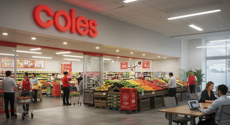 Coles supermarket employees assisting customers in Australia, with retail staff and corporate professionals representing diverse Coles career opportunities.