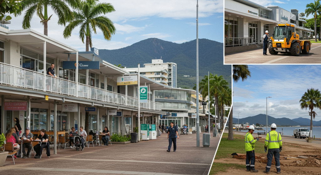 Workers in Cairns, Australia, across hospitality, healthcare, and construction with the Cairns Esplanade in the background.
