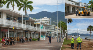 Workers in Cairns, Australia, across hospitality, healthcare, and construction with the Cairns Esplanade in the background.