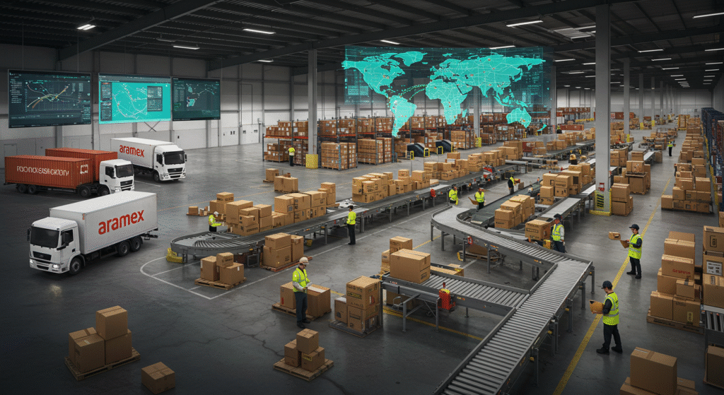 “Aramex Australia logistics hub with trucks, parcels, and tracking technology.
