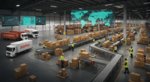 “Aramex Australia logistics hub with trucks, parcels, and tracking technology.