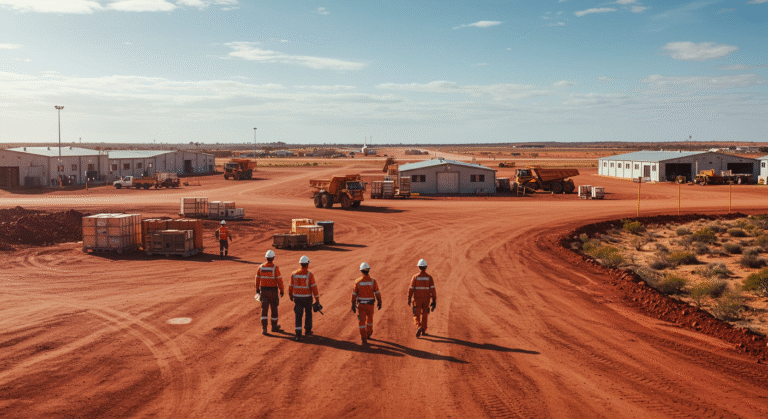 FIFO jobs Perth workers at a mining camp with trucks and airstrip in Western Australia.