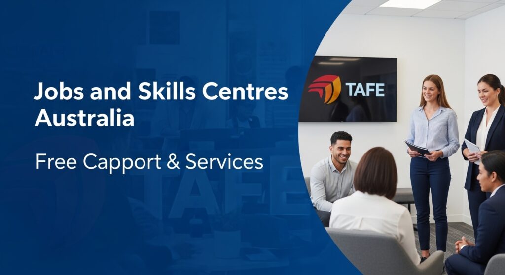Jobs and Skills Centres Australia banner featuring diverse group in professional attire discussing in an office, with TAFE logo on a screen."