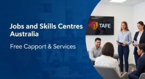 Jobs and Skills Centres Australia banner featuring diverse group in professional attire discussing in an office, with TAFE logo on a screen."