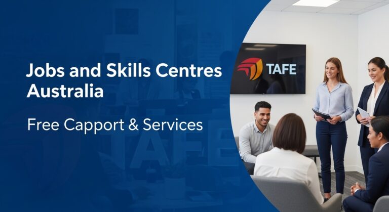 Jobs and Skills Centres Australia banner featuring diverse group in professional attire discussing in an office, with TAFE logo on a screen."
