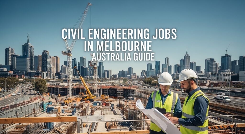 Two engineers in safety gear review blueprints at a large construction site under a clear sky, with Melbourne's skyline in the background. Text overlay reads, "Civil Engineering Jobs in Melbourne Australia Guide."