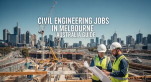 Two engineers in safety gear review blueprints at a large construction site under a clear sky, with Melbourne's skyline in the background. Text overlay reads, "Civil Engineering Jobs in Melbourne Australia Guide."