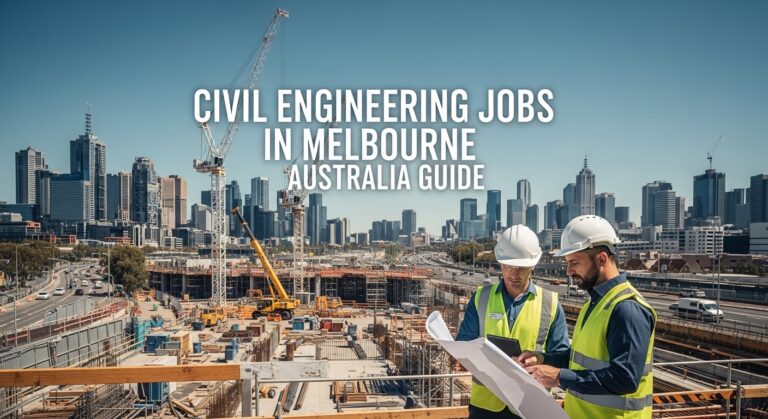Two engineers in safety gear review blueprints at a large construction site under a clear sky, with Melbourne's skyline in the background. Text overlay reads, "Civil Engineering Jobs in Melbourne Australia Guide."